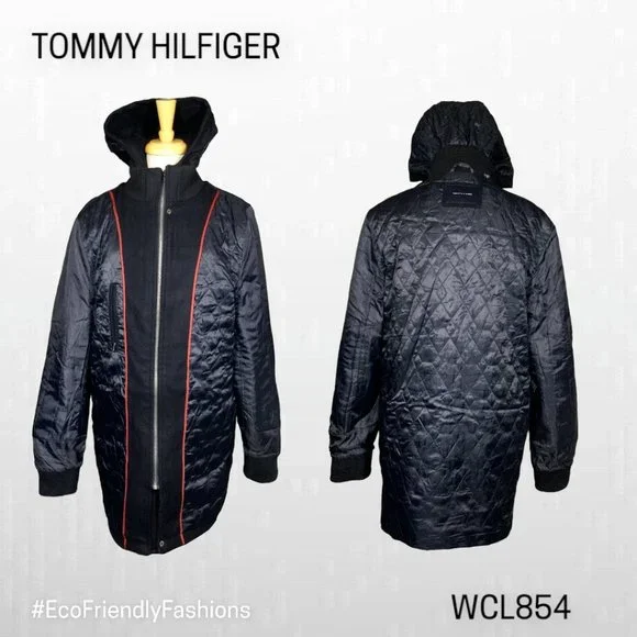 Tommy Hilfiger Mens Black Wool Blend Hooded Toggle Duffle Pea Coat Size Medium i - Picture 5 of 6